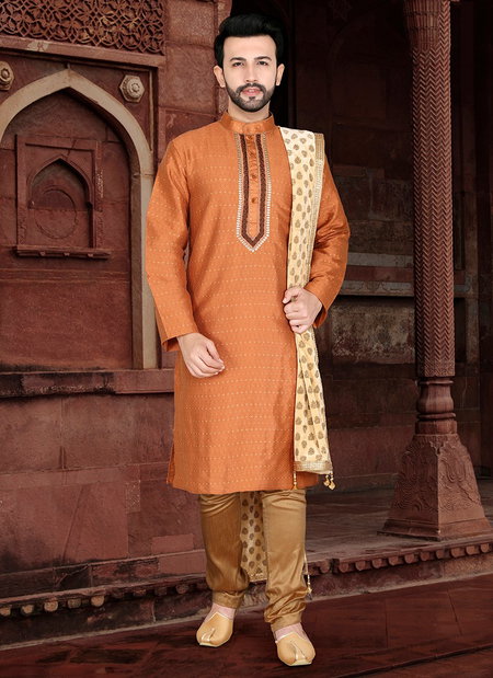 Orange Colour Outluk Vol 34 Latest Jaqcuard Silk With Self Work Party Wear Kurta Pajama Mens Collection 34003
